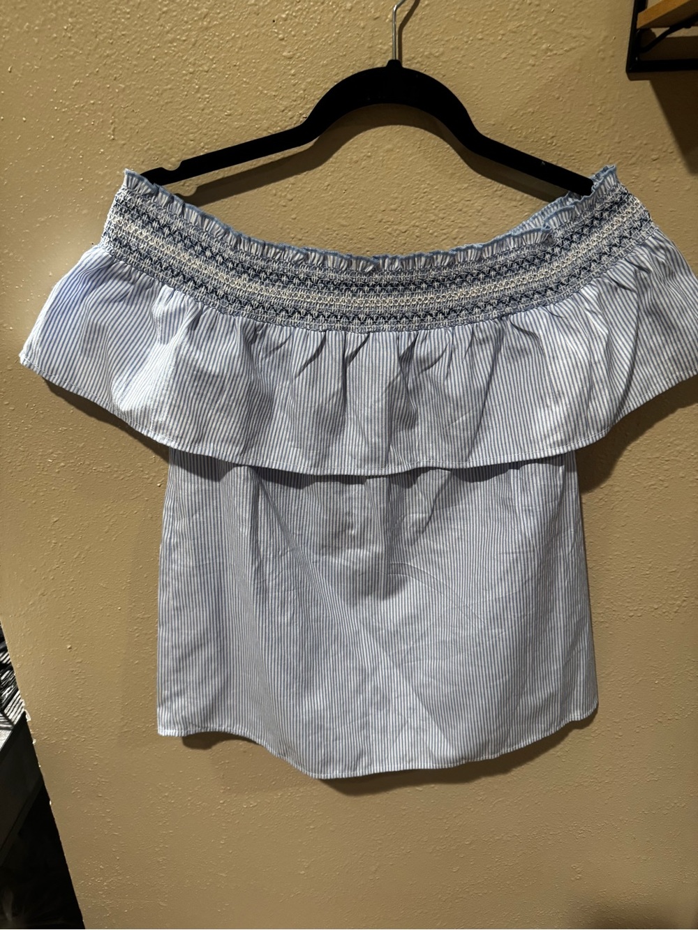 Primark Blue and White Striped Off-Shoulder Crop Top